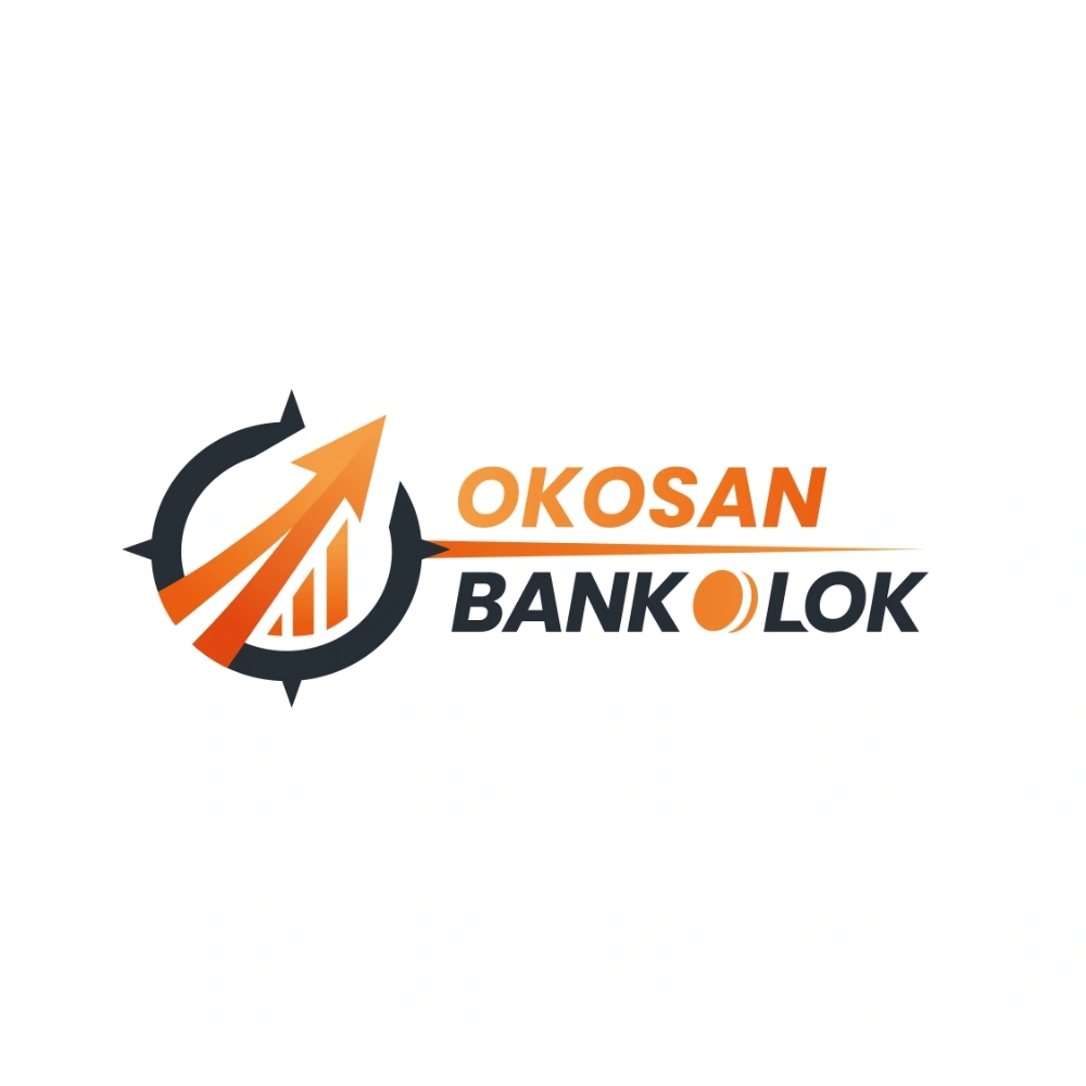 Okosan Bankolok narancssárga és sötétkék logó iránytű és nyíl grafikával vállalkozásoknak.