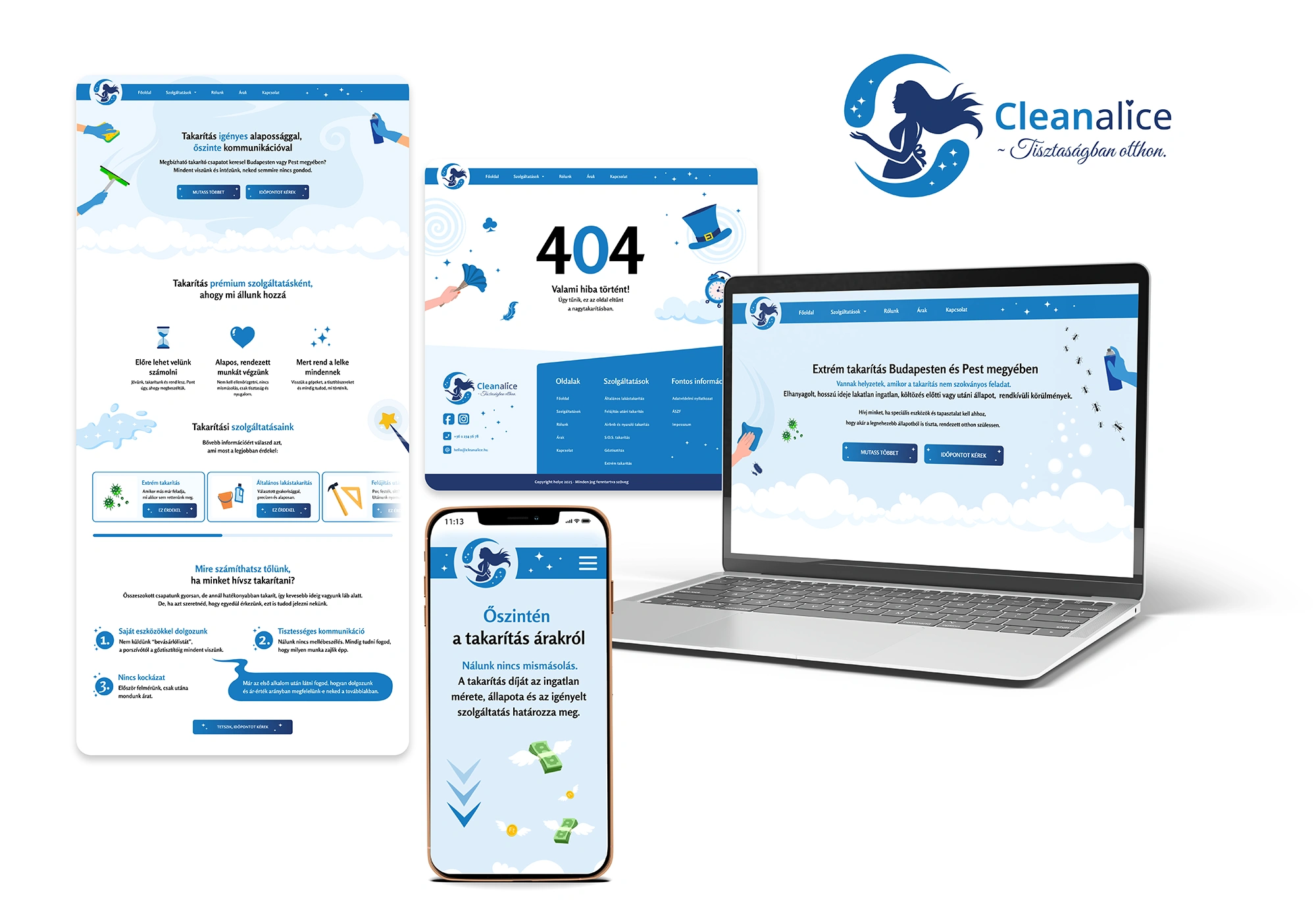 Cleanalice takarító szolgáltatás egyedi weboldalának reszponzív webdesignja asztali és mobil nézetben.